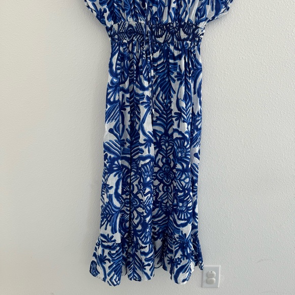 101 Idees Blue White Floral Print Maxi M/L Summer Beach V Neck Back Tie Dress - Picture 6 of 8